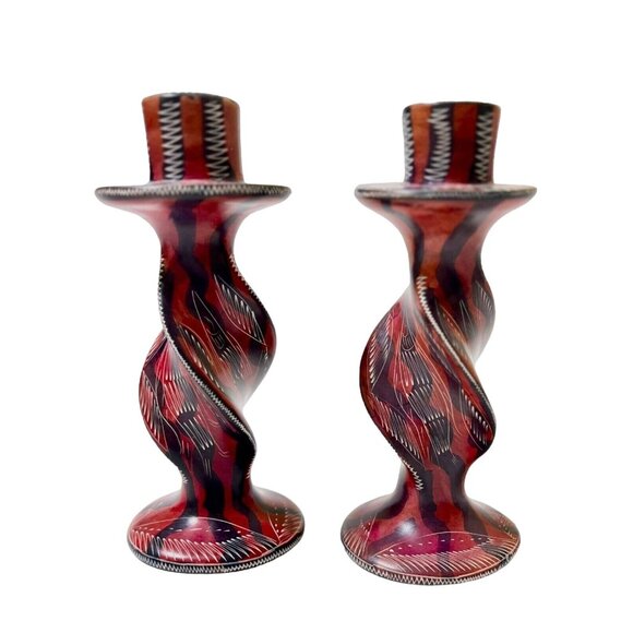 Soapstone Candle Holders Hand Carved Twisted 6" Dark Red Black White Pair - Picture 2 of 4
